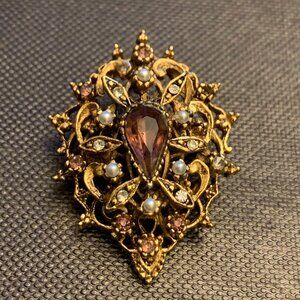 Designer Vintage Art Co. Baroque Antique Finish Rhinestone Faux Pearl Brooch